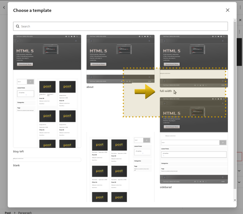 How to change the page template to a full width page - Step 3